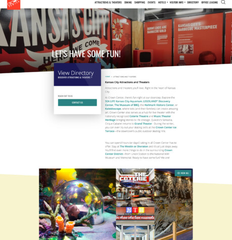 Crown Center website attractions and theaters page featuring photos of SEA LIFE Aquarium, The Coterie, and Musical Theatre Heritage