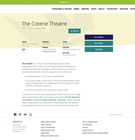 Crown Center website page for The Coterie Theatre with hours, ticket information, and description