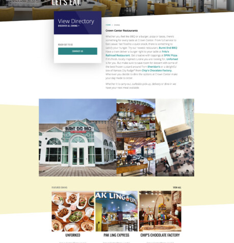 Crown Center website dining page with featured restaurant listings including Burnt End BBQ and Unforked