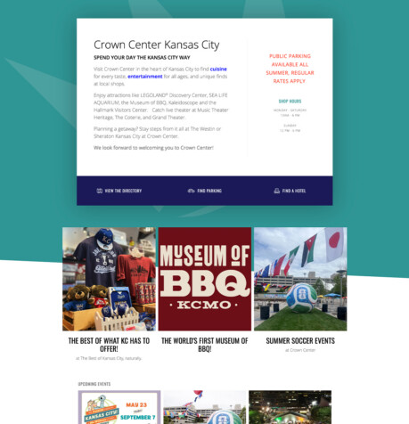 Crown Center Kansas City website homepage featuring featured stories and upcoming events