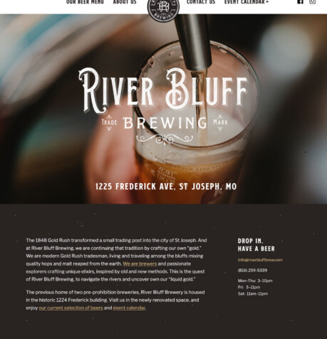 River Bluff Brewing homepage featuring a hero image of beer being poured with the brewery name and address overlay
