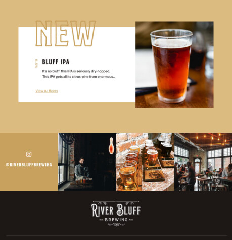 River Bluff Brewing website showing a featured beer listing for Bluff IPA alongside an Instagram feed and footer