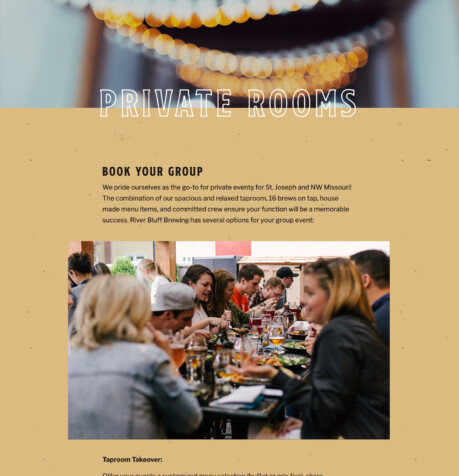 River Bluff Brewing private rooms page with a group of people dining together at a long table in the taproom