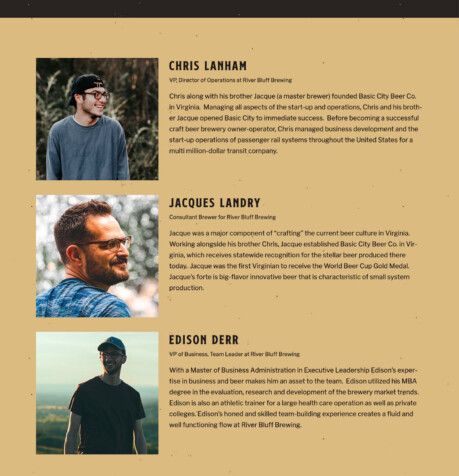 River Bluff Brewing about page with team member profiles for Chris Lanham, Jacques Landry, and Edison Derr