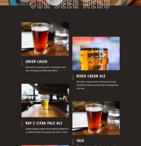 River Bluff Brewing beer menu page featuring draft pours including Union Lager, River Cream Ale, Ray's Citra Pale Ale, and 1826 nitro stout