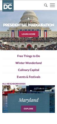Washington DC tourism website on a mobile device with Presidential Inauguration hero image
