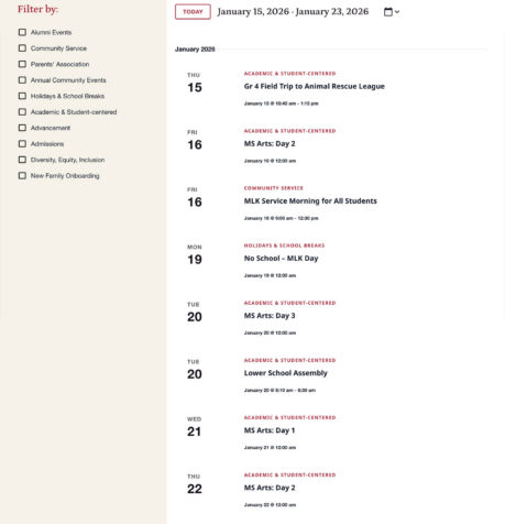 Dedham Country Day School website – calendar