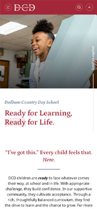 Dedham Country Day School website on a mobile device showing the Ready for Learning, Ready for Life headline and a smiling student