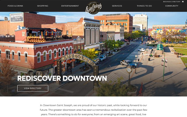 Downtown St. Joseph, Missouri website homepage (desktop view)