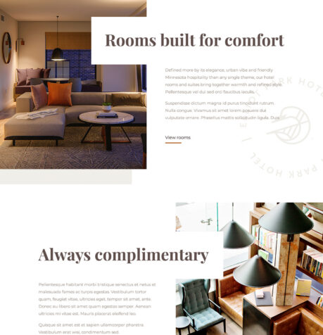 The Elliot Park Hotel website homepage, alternate section (desktop view)